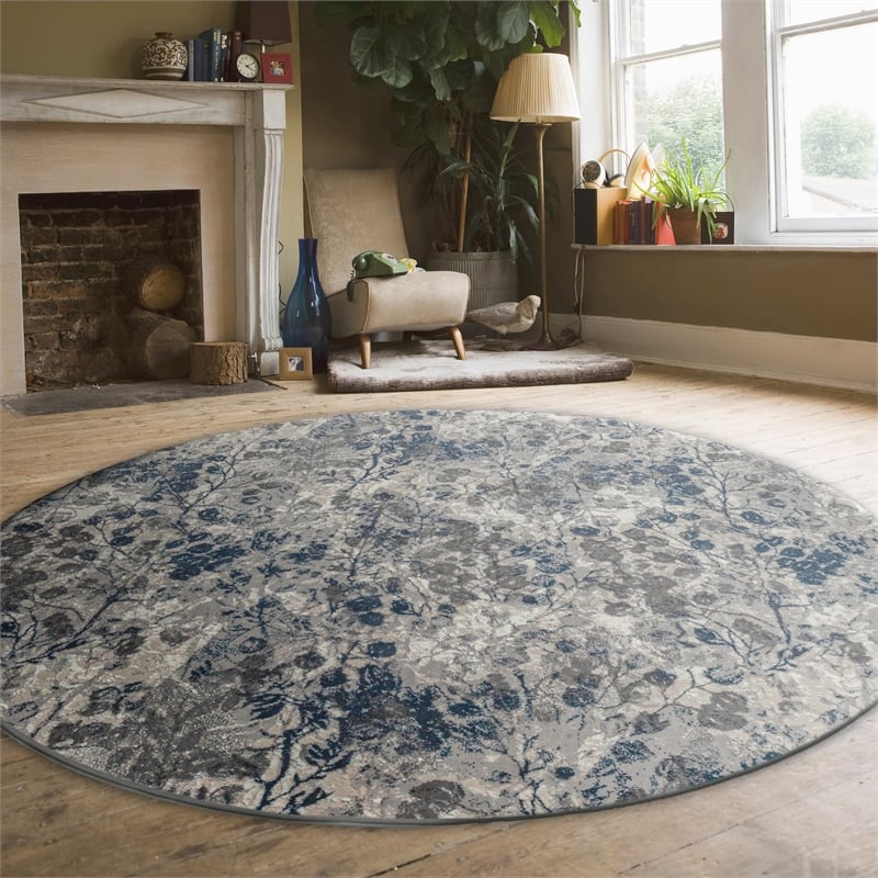 Pemberly Row Polyester Transitional Floral Blue 8' Round Area Rug