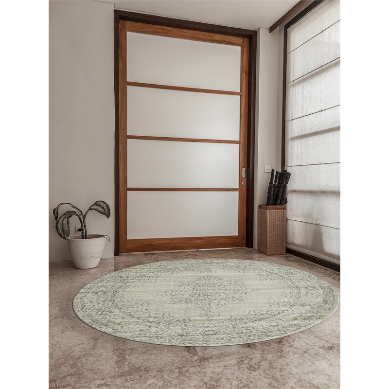 Pemberly Row 5'3 Round Traditional Oriental Vintage Area Rug in Beige