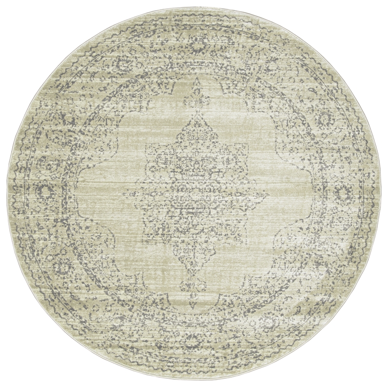 Pemberly Row 5'3 Round Traditional Oriental Vintage Area Rug in Beige