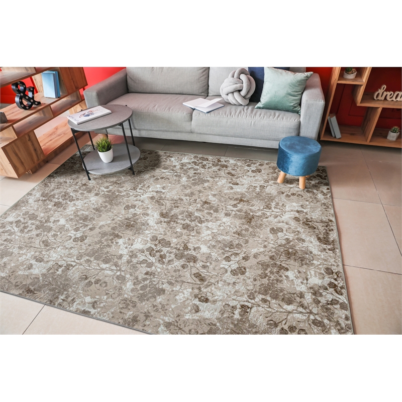 Pemberly Row Polyester Transitional Floral Beige 3x5 Area Rug
