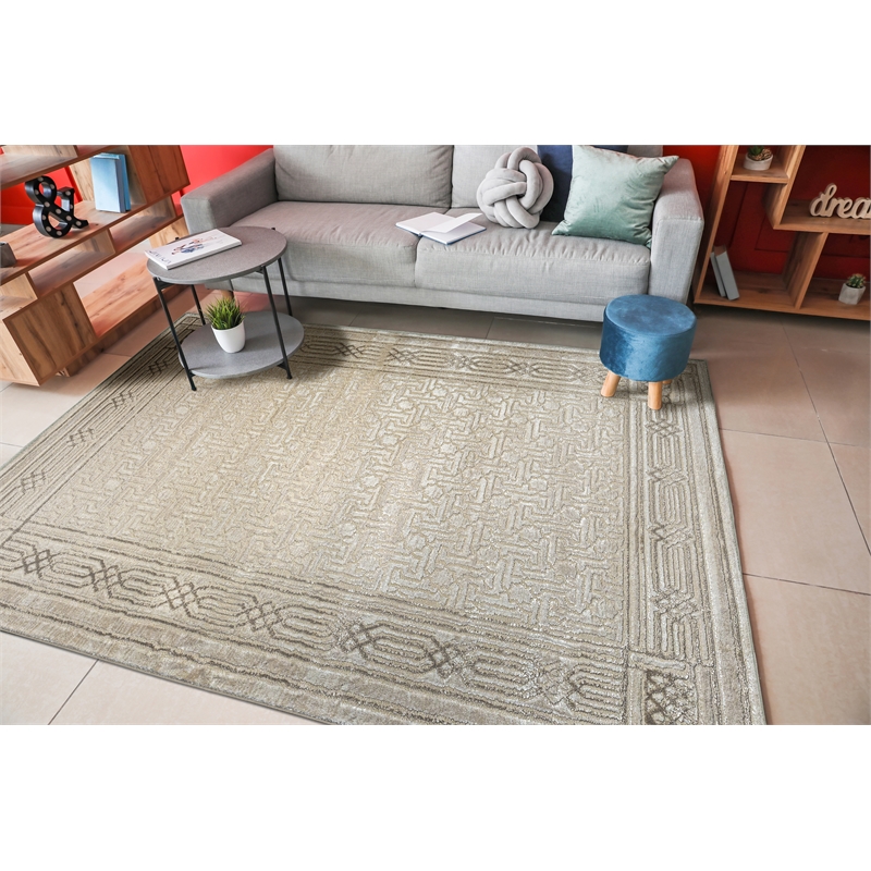 Pemberly Row Polyester Transitional BordeRed Beige 5x8 Area Rug