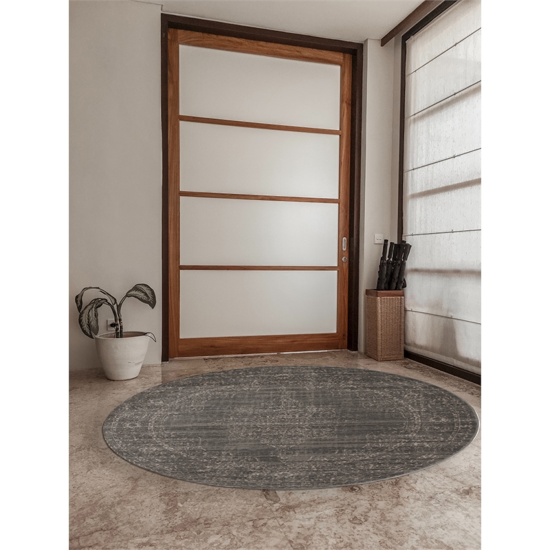 Pemberly Row 5'3 Round Traditional Oriental Vintage Area Rug in Light Brown