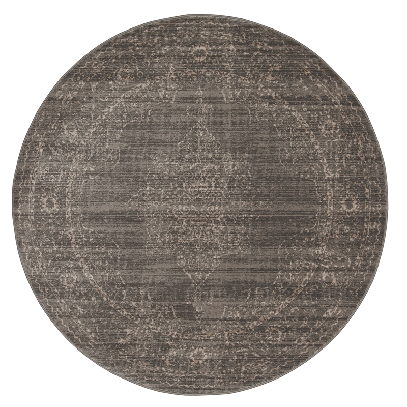Pemberly Row 5'3 Round Traditional Oriental Vintage Area Rug in Light Brown