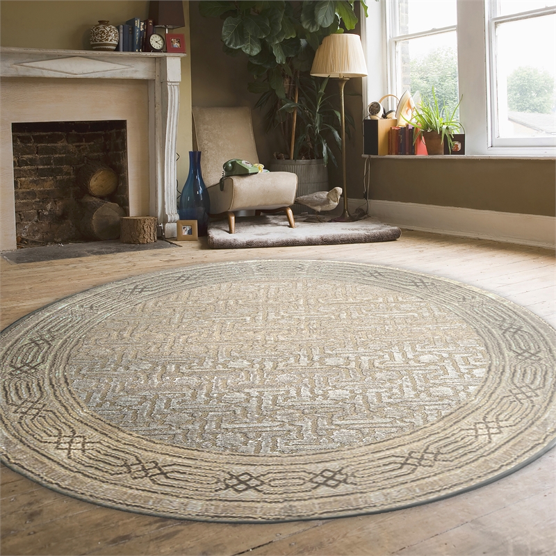 Pemberly Row Polyester Transitional BordeRed Beige 5' Round Area Rug