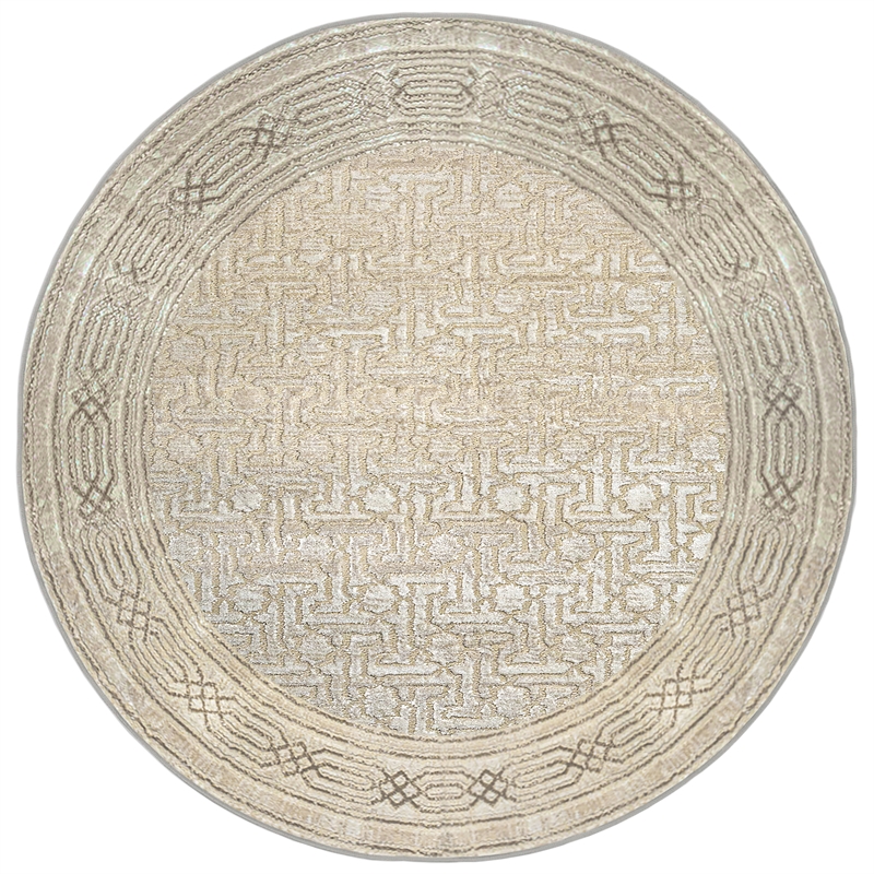 Pemberly Row Polyester Transitional BordeRed Beige 5' Round Area Rug