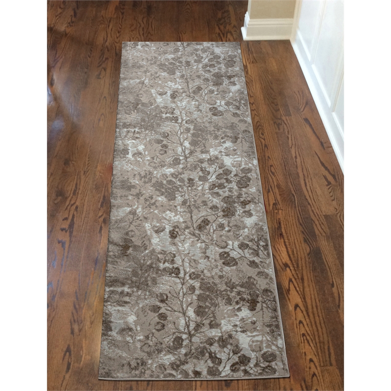 Pemberly Row Polyester Transitional Floral Beige Runner Area Rug