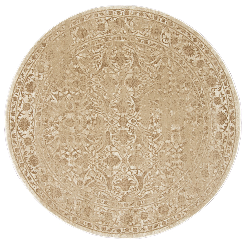 Pemberly Row 5'3 Round Traditional Oriental Vintage Area Rug in Bone Ivory