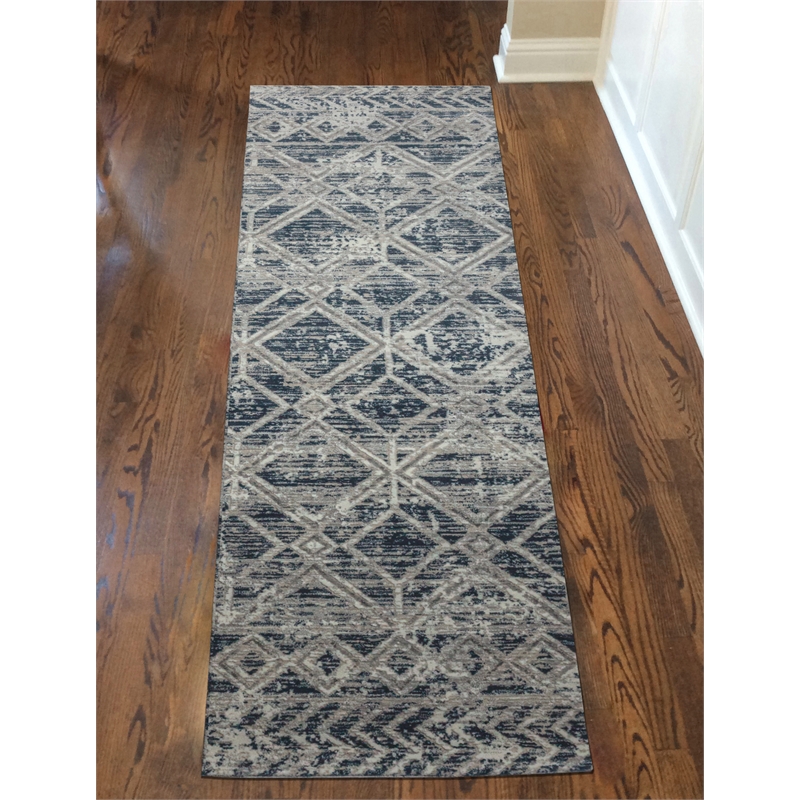 Pemberly Row Polyester Transitional Geometric Blue Runner Area Rug