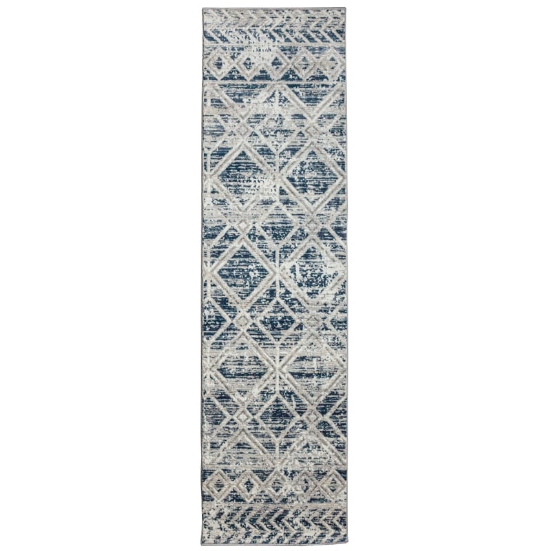 Pemberly Row Polyester Transitional Geometric Blue Runner Area Rug