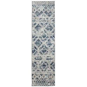 Pemberly Row Polyester Transitional Geometric Blue Runner Area Rug
