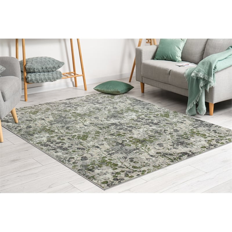 Pemberly Row Polyester Transitional Floral Green 8x10 Area Rug