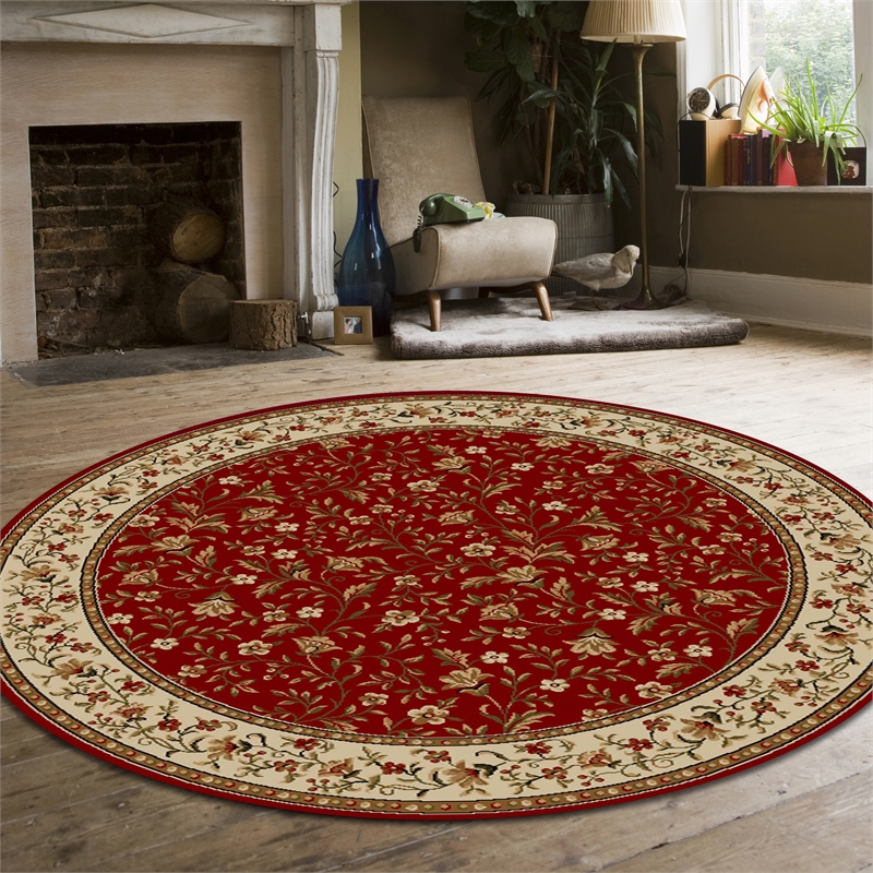 Pemberly Row Traditional 8' x 8' Circular Floral Trellis Fabric Rug in Red