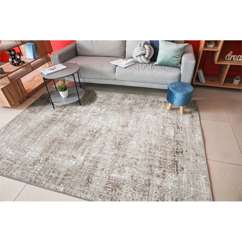 Pemberly Row Polyester Transitional Striated Beige 5x8 Area Rug