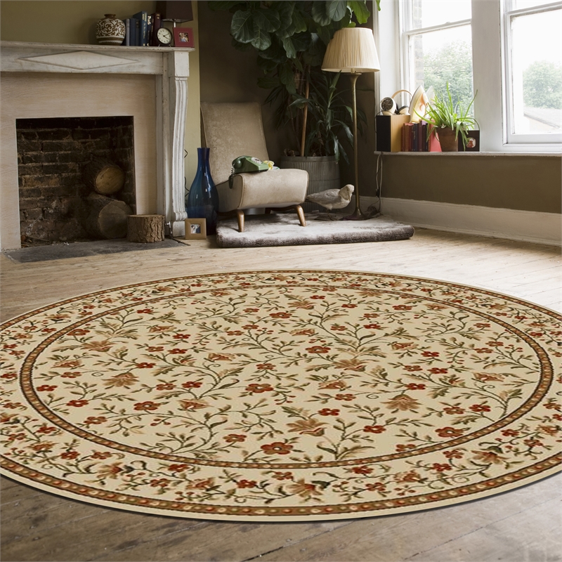 Pemberly Row Traditional 8' x 8' Circular Fabric Rug in Ivory