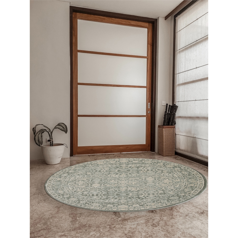 Pemberly Row 5'3 Round Traditional Oriental Vintage Area Rug in Green