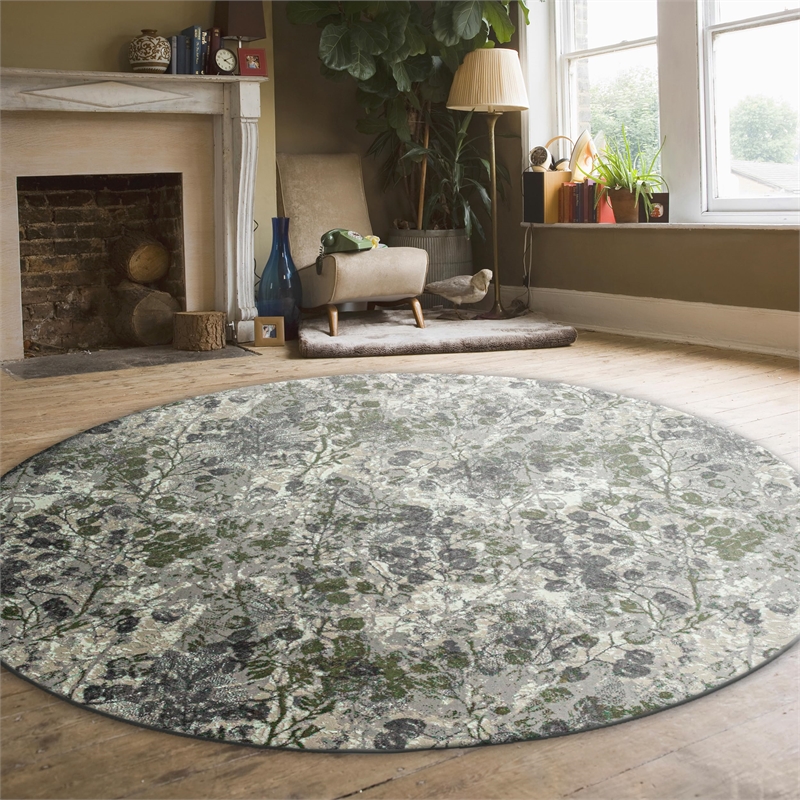 Pemberly Row Polyester Transitional Floral Green 8' Round Area Rug