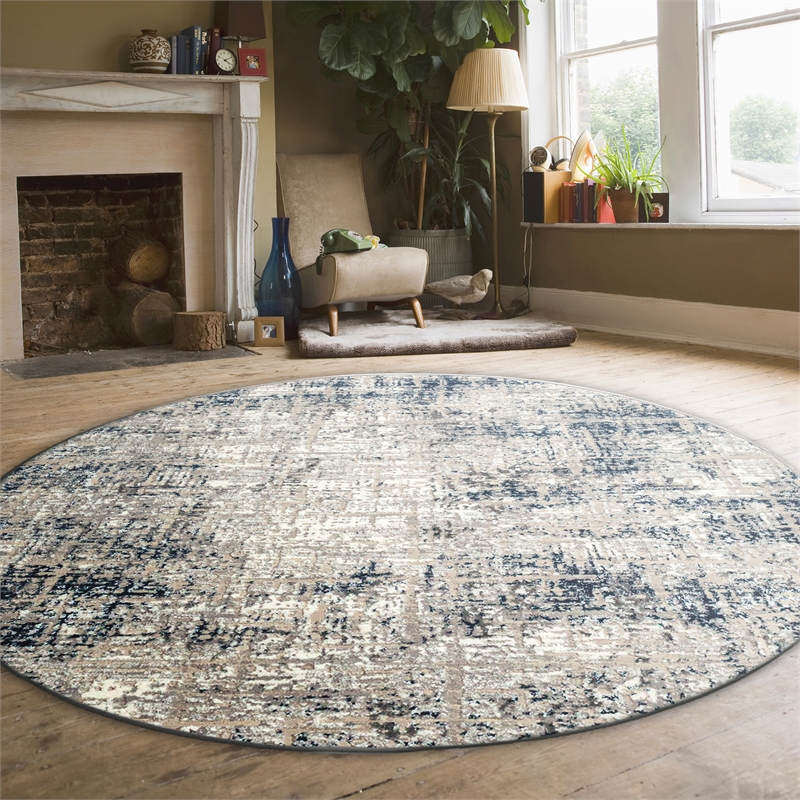 Pemberly Row Polyester Transitional Striated Blue 5' Round Area Rug
