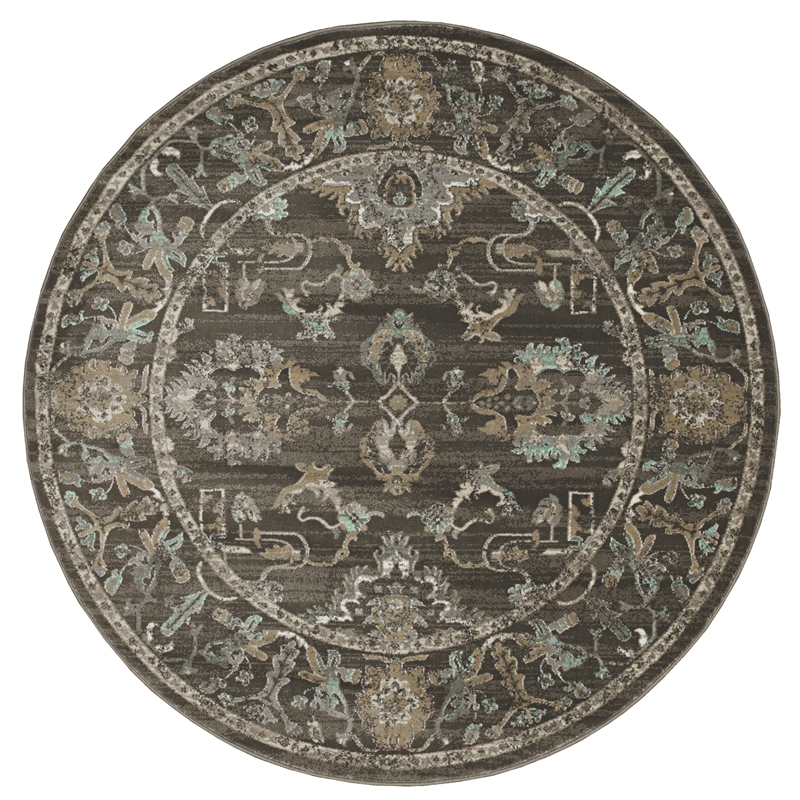 Pemberly Row 5'3 Round Traditional Oriental Vintage Area Rug in Light Brown