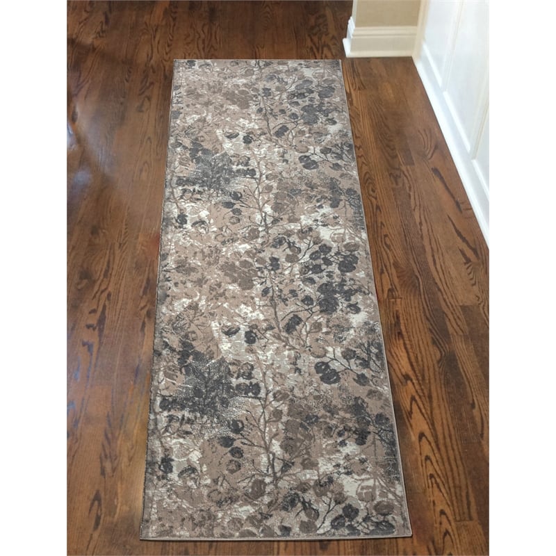 Pemberly Row Polyester Transitional Floral Gray Runner Area Rug