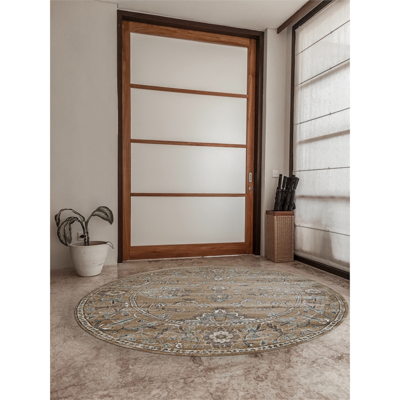 Pemberly Row 5'3 Round Traditional Oriental Vintage Area Rug in Beige