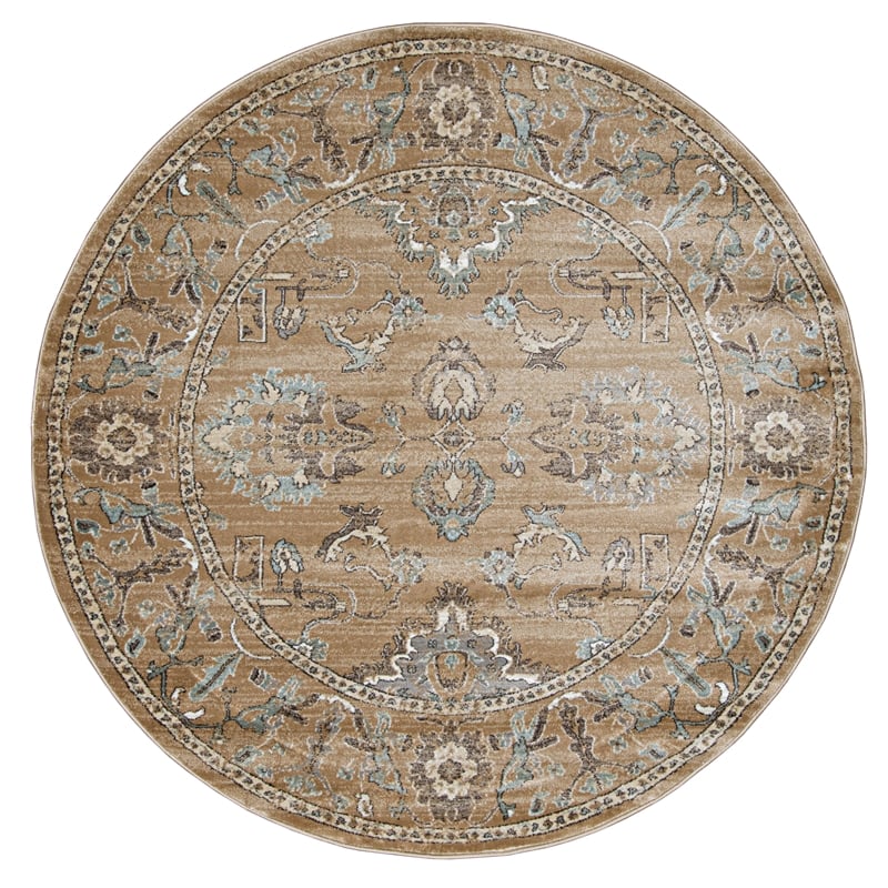 Pemberly Row 5'3 Round Traditional Oriental Vintage Area Rug in Beige
