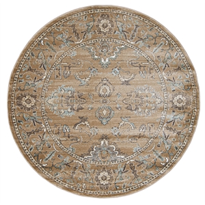 Pemberly Row 5'3 Round Traditional Oriental Vintage Area Rug in Beige