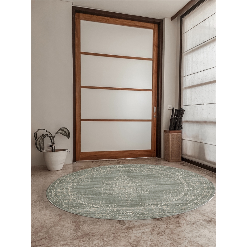 Pemberly Row 5'3 Round Traditional Oriental Vintage Area Rug in Green