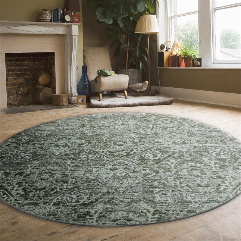 Pemberly Row Polyester Transitional Abstract Green 5' Round Area Rug