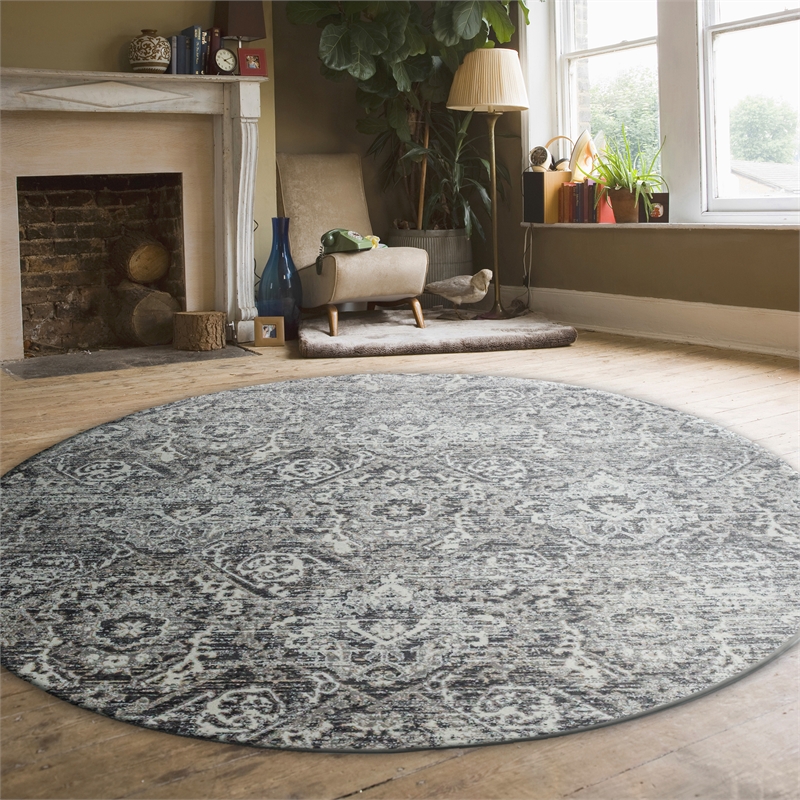 Pemberly Row Polyester Transitional Abstract Gray 8' Round Area Rug