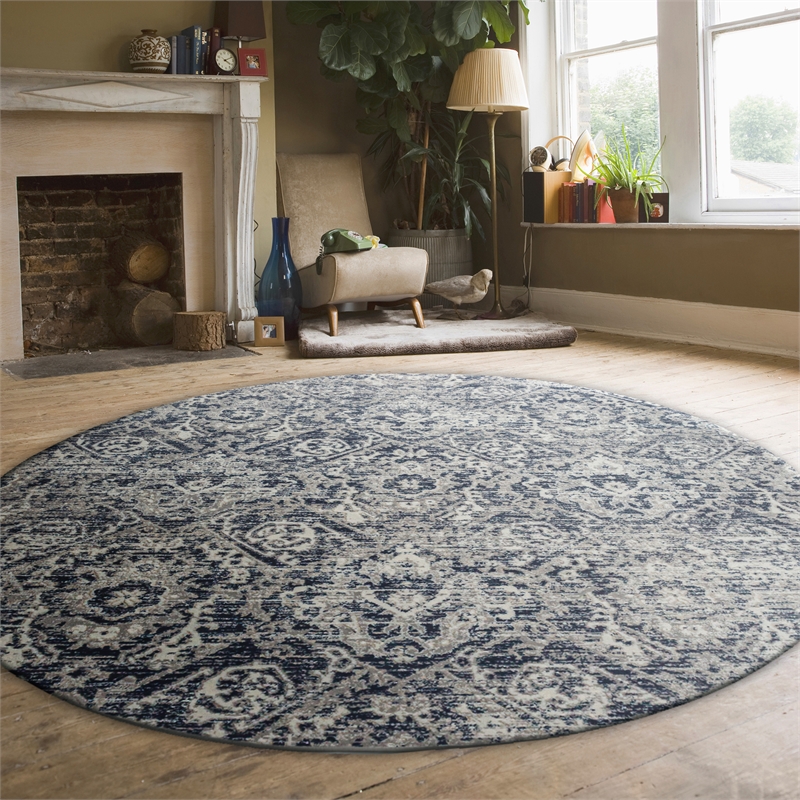 Pemberly Row Polyester Transitional Abstract Blue 8' Round Area Rug