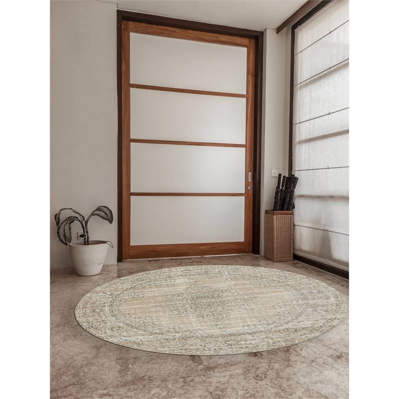 Pemberly Row 5'3 Round Traditional Oriental Vintage Area Rug in Bone Ivory