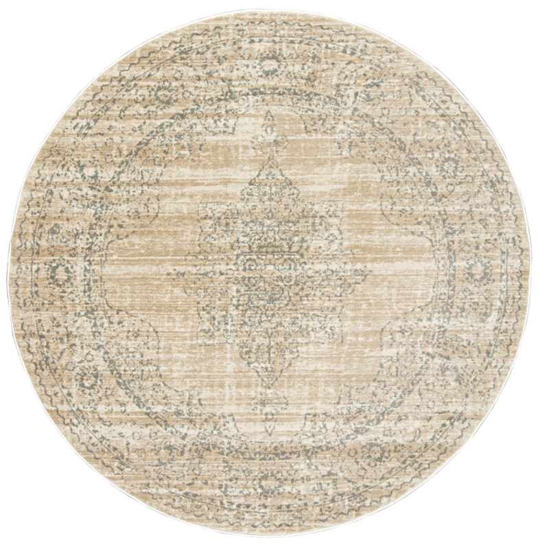 Pemberly Row 5'3 Round Traditional Oriental Vintage Area Rug in Bone Ivory