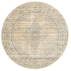 Pemberly Row 5'3 Round Traditional Oriental Vintage Area Rug in Bone Ivory