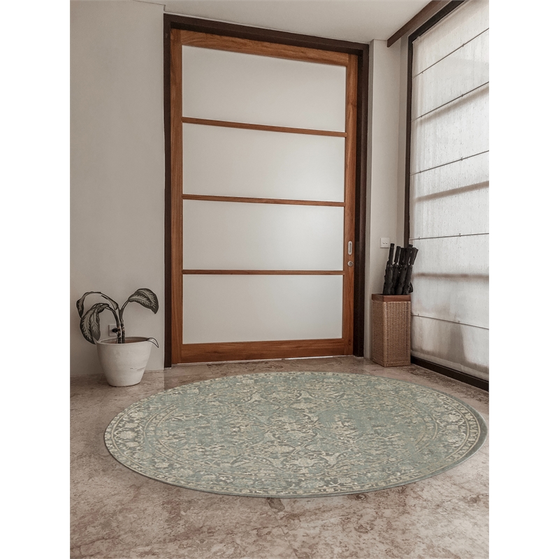 Pemberly Row 5'3 Round Traditional Oriental Vintage Area Rug in Gray