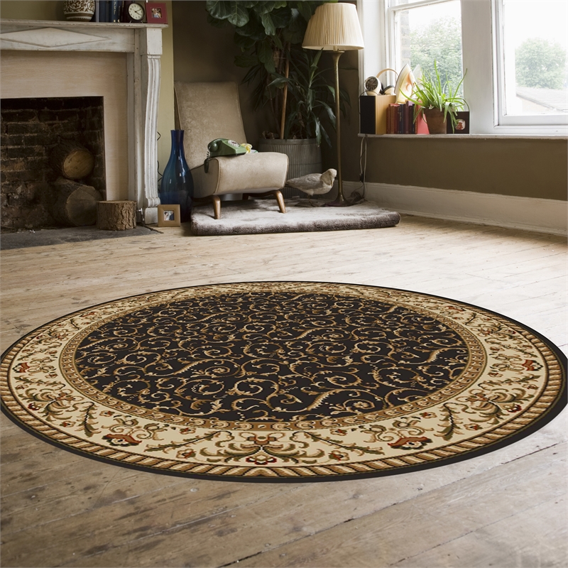 Pemberly Row Traditional 8' x 8' Circular Fabric Rug in Brown
