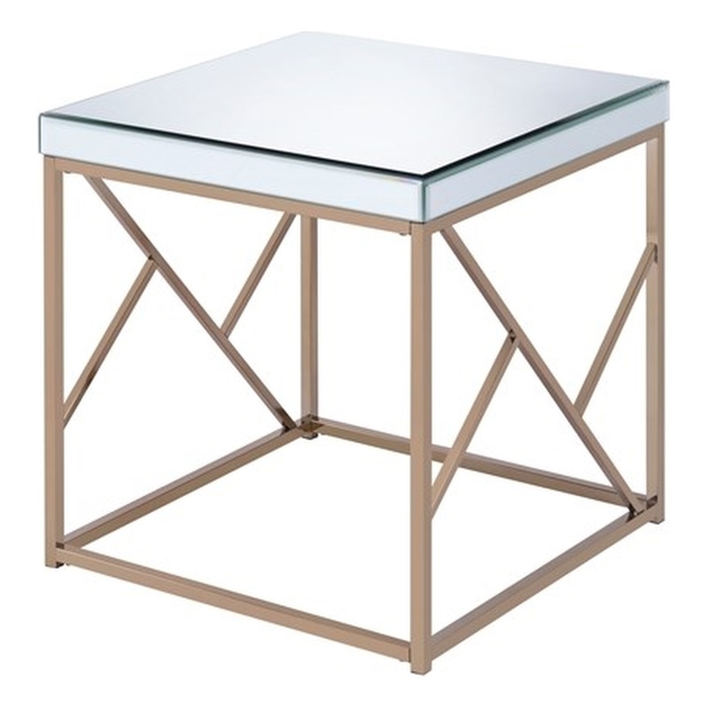 Pemberly Row Contemporary Square Mirror Top End Table in Copper Chrome