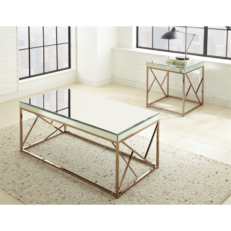 Pemberly Row Contemporary Square Mirror Top End Table in Copper Chrome