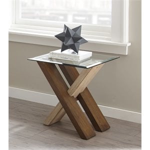 Pemberly Row Square Glass Top End Table with Natural and Cherry base