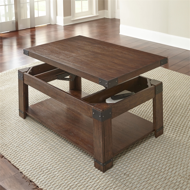 Pemberly Row Contemporary Lift Top Coffee Table with Casters in Cherry