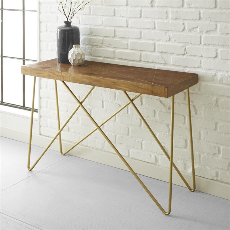 Pemberly Row Contemporary Console Table in Warm Brown Pine and Brass