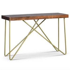 Pemberly Row Contemporary Console Table in Warm Brown Pine and Brass