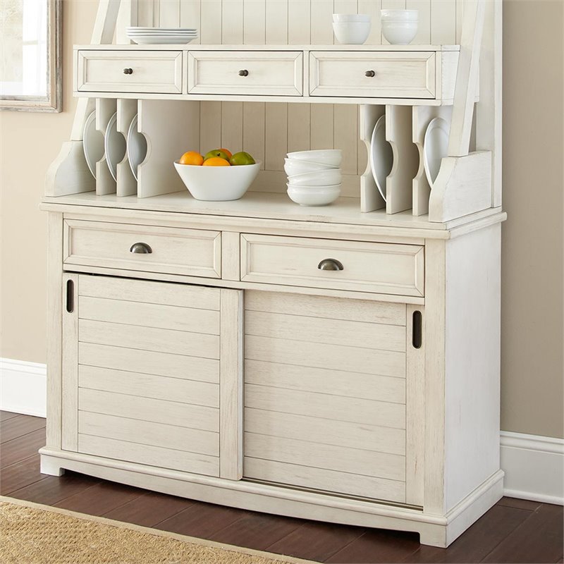 Pemberly Row Farmhouse / Country Wood Buffet in Distressed Antique White