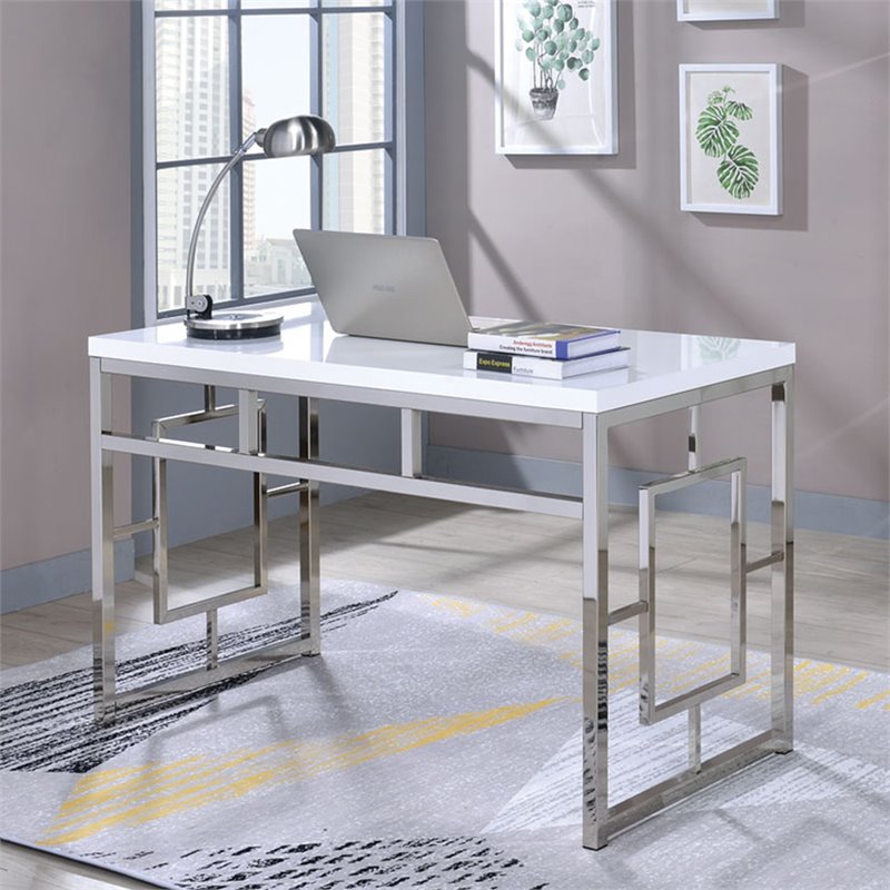 Pemberly Row Contemporary Writing Desk in White and Chrome Metal