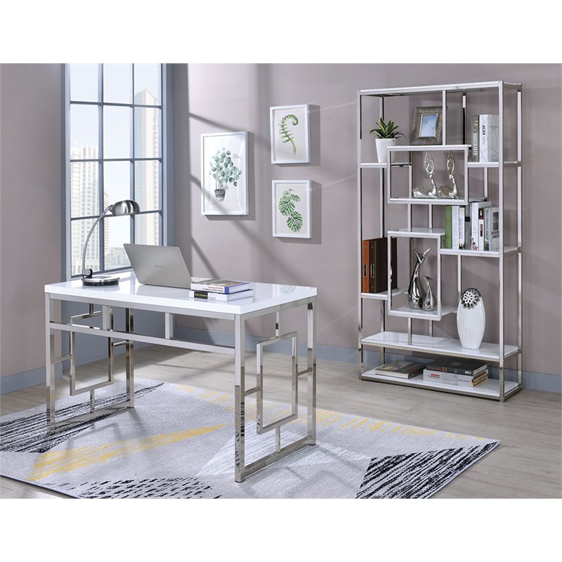 Pemberly Row Contemporary Writing Desk in White and Chrome Metal