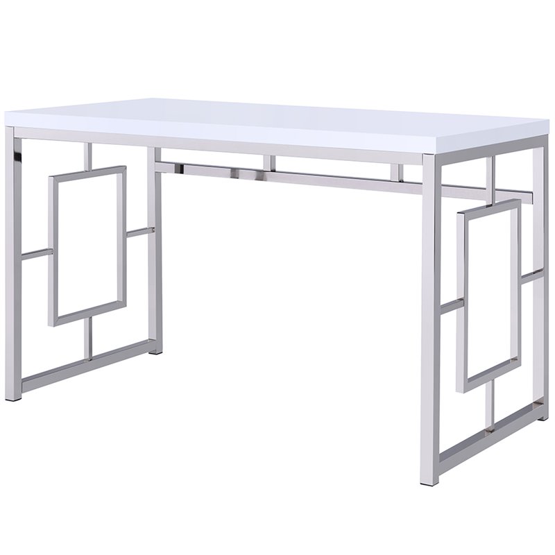 Pemberly Row Contemporary Writing Desk in White and Chrome Metal