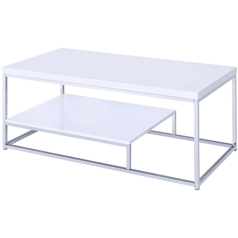 Pemberly Row Contemporary Metal Coffee Table in White and Chrome Metal