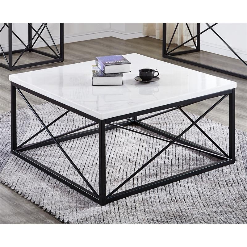 Pemberly Row Contemporary White Marble Top Square Cocktail Table
