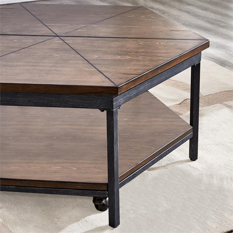 Pemberly Row Transitional Chocolate Wood Hexagon Lift-Top Cocktail Table