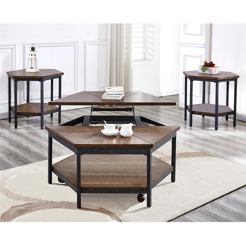 Pemberly Row Transitional Chocolate Wood Hexagon Lift-Top Cocktail Table