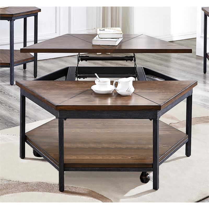Pemberly Row Transitional Chocolate Wood Hexagon Lift-Top Cocktail Table